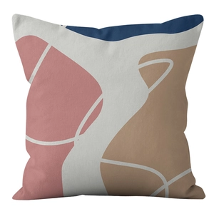 Close-up of abstract geometric pillow cover with fine woven texture and pastel blocks