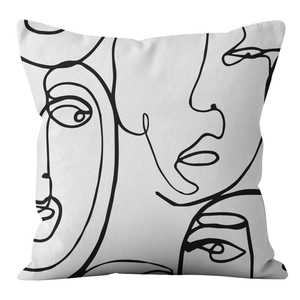 Close-up of modern abstract face line art on a soft Nordic style square cushion cover