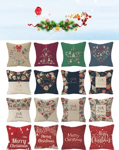 Macro view of linen Christmas pillowcase textures and festive wreath print designs