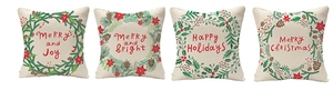 Set of four linen Christmas pillowcases with wreaths and holiday greetings prints