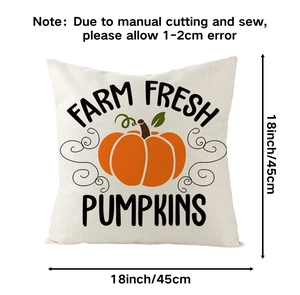 Detailed view of 18 inch square burlap pillow cover with farm fresh pumpkins graphic