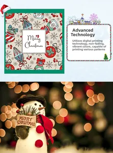Close-up of linen pillow cover with vibrant digital printing and snowman decoration