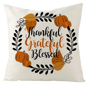 Thankful Grateful Blessed pumpkin pillow cover with autumn leaves on linen fabric