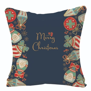 Navy blue linen Christmas pillowcase with gold Merry Christmas text and festive wreath design