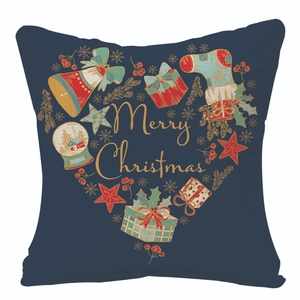 Christmas wreath linen pillowcase with golden Merry Christmas text on navy blue fabric