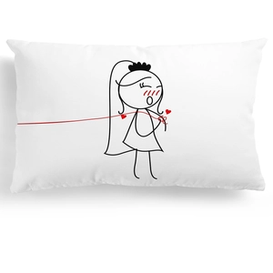 Romantic bride cartoon sketch pillowcase on white background with red heart detail