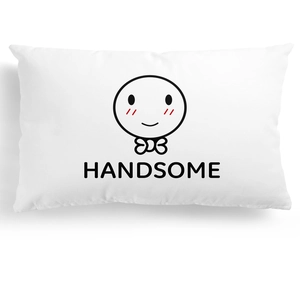 Close-up of white lumbar pillow cover featuring a handsome cartoon face design