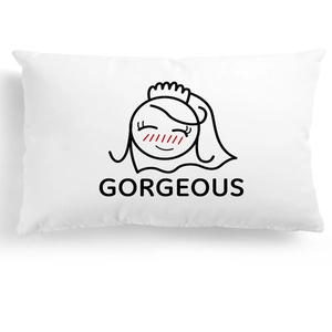 Detail of white lumbar pillow case featuring a minimalist bride cartoon and GORGEOUS text