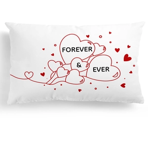 Detail of white rectangular lumbar pillowcase with Forever & Ever print and red hearts