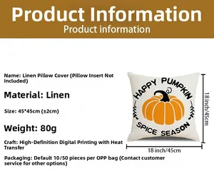 Detail specifications for 18x18 inch linen fall pillow cover with pumpkin spice design