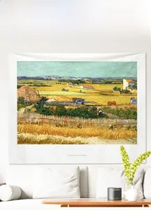 Detail of Vincent Van Gogh Harvest at La Crau wall tapestry in a bright living room