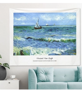 Detailed view of Van Gogh tapestry hanging above a sofa in a modern room setting