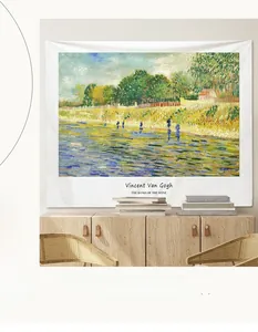 Detailed close-up of Van Gogh oil painting tapestry hanging above a wooden cabinet