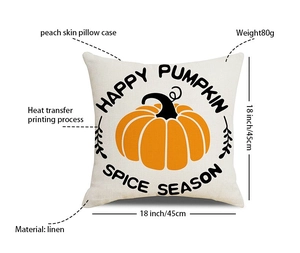 Detail view of 18 inch linen pumpkin pillow cover with heat transfer printing specs