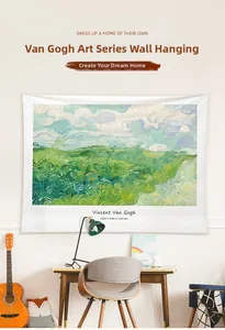 Artistic scene of Van Gogh Green Wheat Fields tapestry on a wall above a wooden desk
