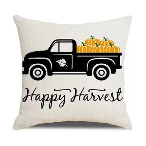 Linen autumn throw pillow cover with vintage truck pumpkin design and Happy Harvest text