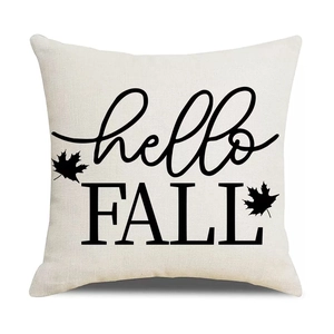 Linen autumn throw pillow cover featuring hello FALL text and maple leaf silhouettes