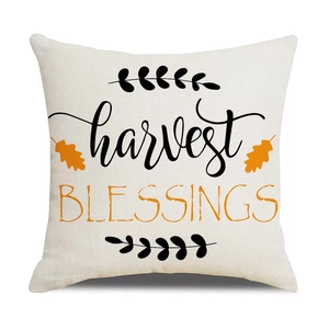 Linen autumn cushion cover with harvest pumpkin patterns and warm blessing text