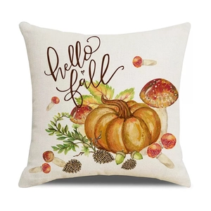 Fall harvest linen pillowcase featuring pumpkin and hello fall text on white background