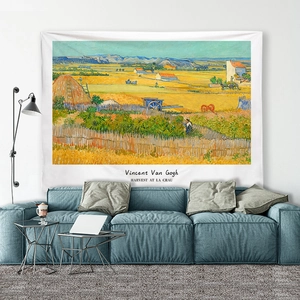 Abstract oil painting tapestry featuring Vincent Van Gogh's Harvest on a living room wall