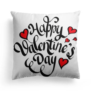 Weißer quadratischer Valentinstag-Kissenbezug mit Happy Valentine's Day Text und roten Herzen