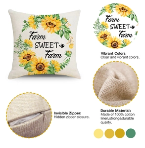 Detail of sunflower wreath cushion cover with invisible zipper and linen texture