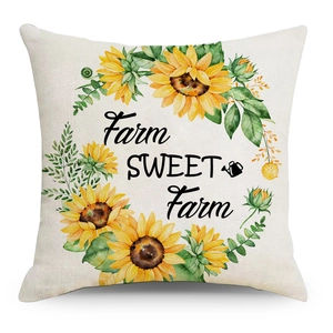 Linen sunflower wreath pillow case with Farm Sweet Farm slogan on white background