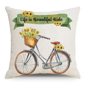 Linen pillow cover with watercolor sunflower bicycle and Life is Beautiful Ride text