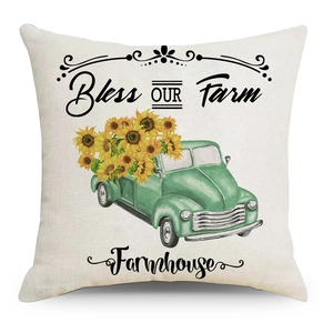 Linen pillow cover with vintage green pickup truck and yellow sunflowers farmhouse design