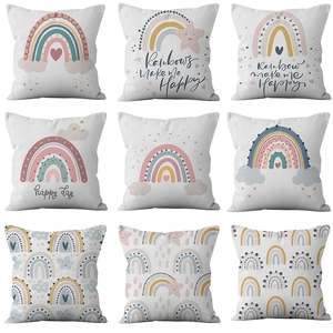 Nordic Rainbow Print Peach Skin Cushion Cover White Square Decorative Pillowcase For Home Decor Rainbow Make Me Happy