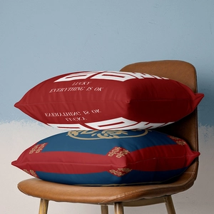 Festive red and blue decorative pillows with Lucky Everything is OK print on leather chair