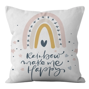 Square rainbow print pillowcase with Rainbow Make Me Happy text on white background