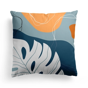 Nordic abstract art pillowcase with white monstera leaf and orange circle on blue canvas