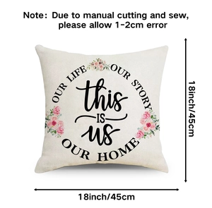 Close-up of 18-inch linen pillowcase with 'this IS us' text and floral pattern details