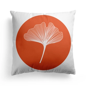 Detail of Nordic art pillow cover with orange circle and white ginkgo leaf line drawing