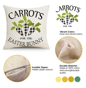 Detail of linen Easter pillow case showing carrot print texture and hidden zipper closure