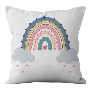 Detail view of rainbow print and fabric texture on white peach skin pillowcase