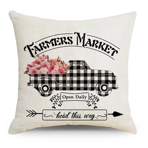 Linen Easter pillow cover featuring a vintage plaid truck with pink flowers and farm text