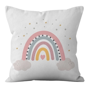 Detail of soft peach skin fabric texture with cartoon rainbow and pink heart print