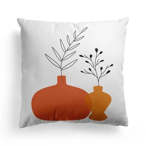 Detail of Nordic boho pillow case with abstract geometric pottery and black leaf print