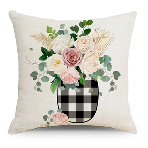 Linen Easter pillow cover featuring spring flowers and black buffalo plaid vase design