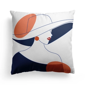 Close-up of minimalist abstract female portrait and floral design on square pillowcase