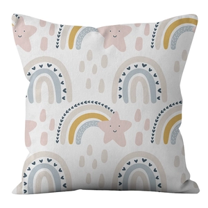 Detail of soft peach skin pillowcase featuring colorful rainbow and star patterns