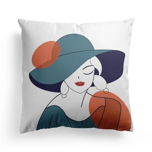 Detail view of abstract woman portrait print on Nordic style square pillow cover