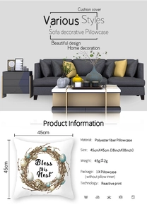 Detail van polyester Pasen kussenhoes met Bless this Nest print en vogelnest afbeelding