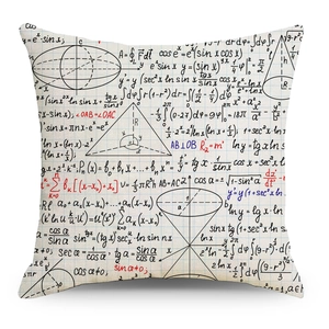 Detailaufnahme Kissenbezug aus Leinen mit handgeschriebenen mathematischen Formeln Motiven
