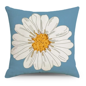 Blue linen throw pillow cover with large white daisy floral print on a white background