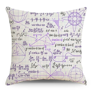 Detailaufnahme Kissenhülle mit lila mathematischen Formeln und geometrischen Mustern