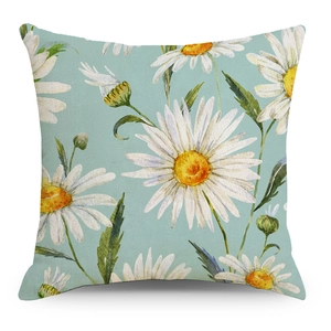 Linen pillowcase with daisy flower print in watercolor style on light blue background