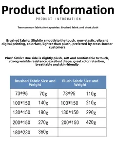 Size chart for Nordic floral tapestry showing brushed and velvet fabric dimensions and weights